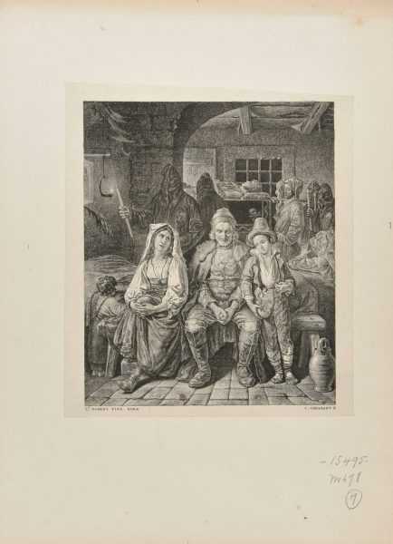 INTERIOR SCENE WITH MAN SEATED ON BENCH AT CENTER