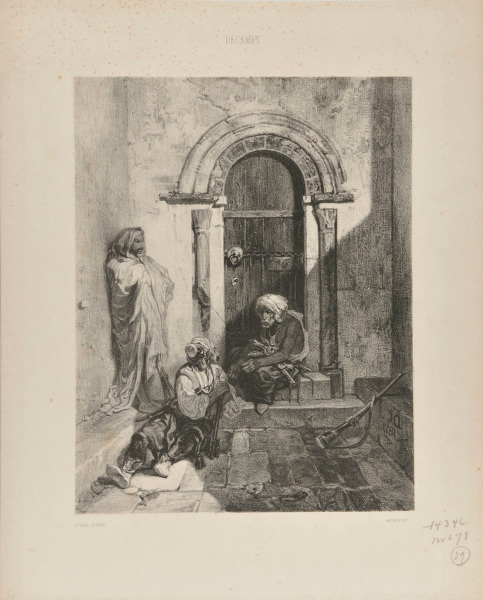 THREE EXECUTIONERS OUTSIDE AN ARCHED DOORWAY OF A PRISON