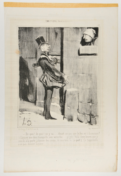 ALRIGHT, ALRIGHT, I'M COMING - ONE WOULD THINK THE HOUSE WAS ON FIRE! - ENOUGH ABOUT YOUR FIRE!... I'M FREEZING. FOR TWO HOURS I'VE BEEN POUNDING ON THE DOOR. -(ASIDE) THAT WILL TEACH YOU NEXT TIME, NOT TO GIVE A TIP!