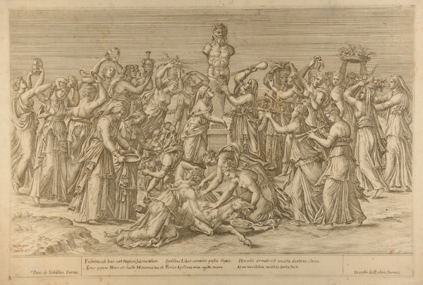 WOMEN BRINGING OFFERINGS TO A HERM OF PRIAPUS, WITH THREE SACRIFICING A DONKEY IN THE FOREGROUND