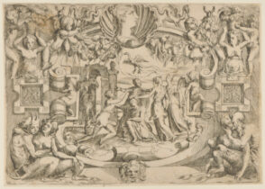 Three Women and a Man Dancing around a Seated Woman, Satyrs in Foreground