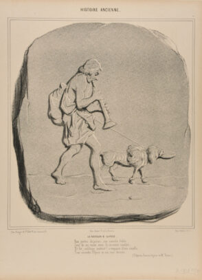 Le retour d’Ulysses. / Aux portes du palais, son caniche fidèle / Seul de ses vieux amis le reconnut soudain, / Et fut, sublime instinct! s’emparer d’une écuelle / Pour seconder Ulysse en son rusé dessein. / (Odyssée, Poésies légères de Mr. Vatout.)
