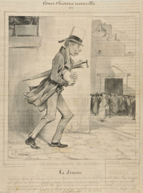 La fourmi. La fourmi bipède, de même que la fourmi multi-patter n’est pas prèteuse, c’est là son moindre défaut. Il y a toutefois cette différence que la première épargne, épargne en toute saison et ne consomme jamais, même à 90 ans elle économise encore pour ses vieux jours. Cette espèce de fourmi mène constament une vie misérable et toute de privation. elle finit par mourir, fort dépourvue, quoi qu’abondament pourvue d’ailleurs, en ordonnant une dernière épargne, celle de ses funérailles.