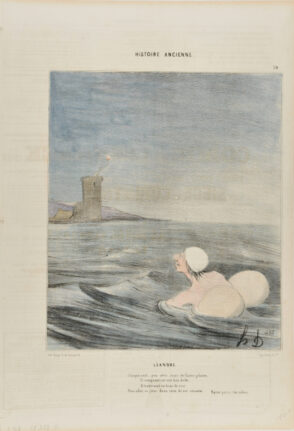 Léandre. / Chaque nuit, peut vêtu, mais de façon galante, / Et comptant sur son bras de fer. / Il traversait un bras de mer / Pour aller se jeter dans ceux de son amante. / (Byron poésies très mélées.)