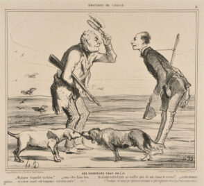 Des Chasseurs Trop Polis. – Madame Coquelet va bien?… – vous êtes bien bon….. Madame votre tante ne souffre plus de son rhume de cerveau?… – radicalement guérie…. et votre santé est toujours satisfaisante?… etca…. (Pendant ce temps, les perdreaux continuent à jouir également de la plus florissante santé.)