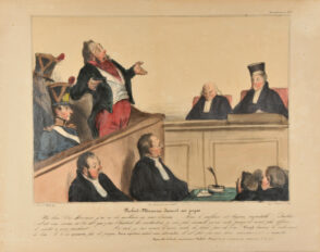 Robert-Macaire devant ses juges. Hé bien ! Oui Messieurs, j’ai eu des malheurs en cour d’assises…… Mais le malheur est toujours respectable !… D’ailleurs s’il est vrai, comme on l’a dit, que j’aie l’habitude des soustractions, je suis plus excusable qu’un autre puisqu’il m’est plus difficile de résister à mon penchant…….. Au reste, je suis accusé d’avoir vendu du plomb pour de l’or ? Vingt témoins le soutiennent hé bien ! Je le nie quarante fois et puisque deux négations valent une affirmation, il est clair que vous devez nécessairement m’acquitter. Après cette brillante improvisation Robert-Macaire est condamné au maximum de la peine.
