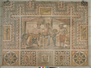 Fragment of floor mosaic depicting a Opora, Agros, and Oinos at dinner