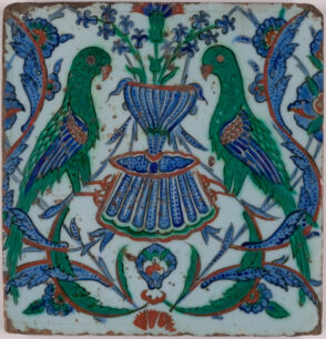 Tile Decorated with a Fountain between Two Parrots