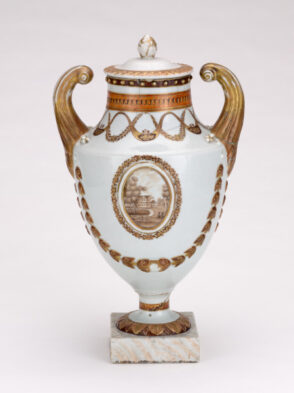 Pistol-Handled Covered Urn with Landscape Medallion