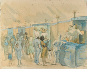 Barnum and Baily Sideshow, No. 2 (recto); Sketch of Three Figures (verso)