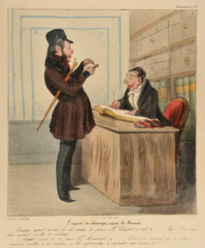 L’agent de change, après la Bourse. Ecrivez : acheté 10,000 fr. de rentes 5/°° pour Mr. Tripot, à 106 f. 90 c…… Bah ! C’est un bon enfant, mettez 80 centimes…….. Acheté 15,000 fr. 5/°° pour Mr. Moutonnet, à……..C’est un animal qui se plaint toujours, mettez à 95 centimes, je luis apprendrai à suspecter ma bonne foi!