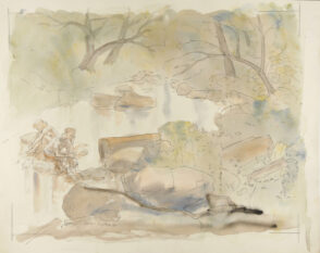 Landscape with a Girl and Boy Sitting on a Rock in a Stream