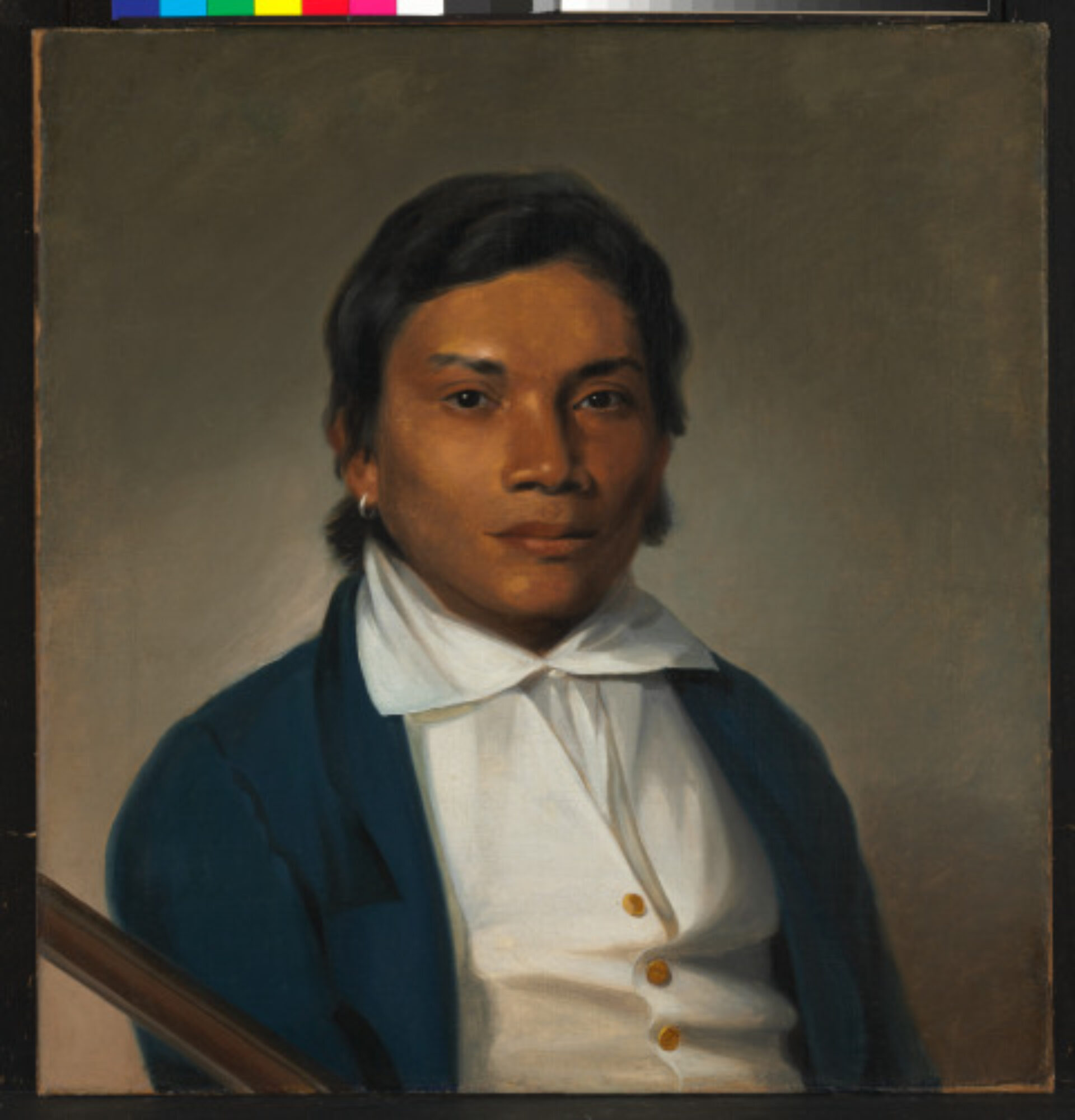 Jonathas Granville. A painted portrait of a man with dark hair and skin, wearing a dark jacket, cream vest, and a white shirt with a high collar.