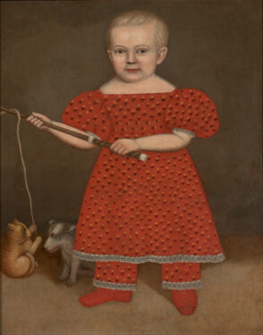 Child in Red Dress with Dog and Cat