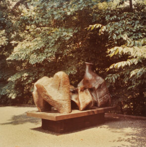Heni Moore, Three Piece Reclining Figure. Photograph taken in The Wurtzburger Sculpture Garden (original site, Timberlane)