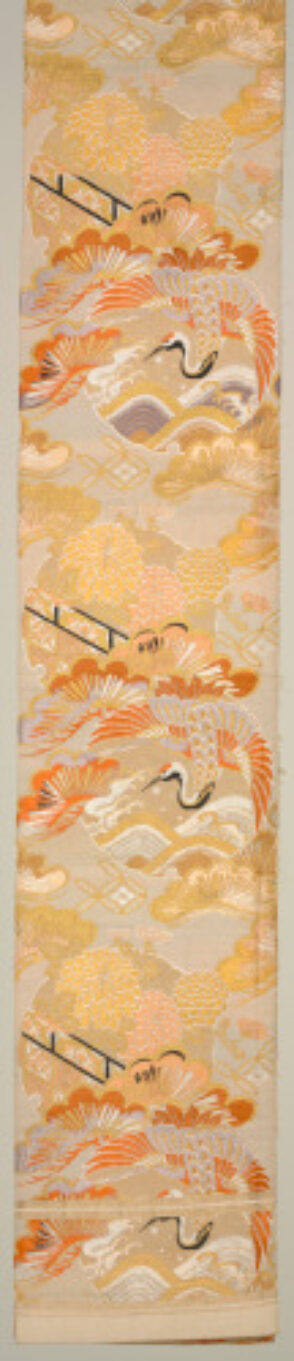 Maru obi featuring crane medallions with pine and chrysanthemum motifs