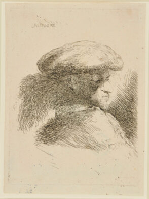 Man, Wearing Feather-Trimmed Cap, Turned to Right