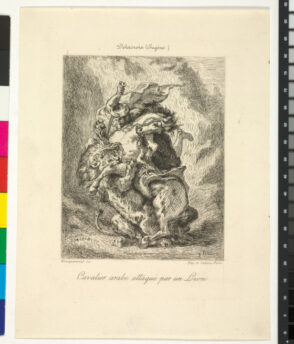 Cavalier arabe attaqué par un lion