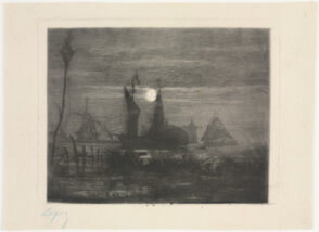 Landscape with boats and windmill by moonlight