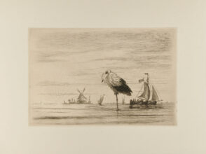 Cigogne en Holland au coucher de soleil