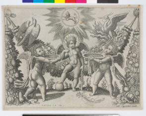 Two Putti Presenting Cups Full of Gold to the God of Riches