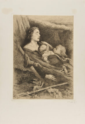 Little Girl Crying for her Dead Mother Clasping a Baby