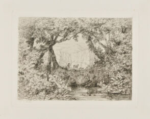 Landscape with man driving donkeys