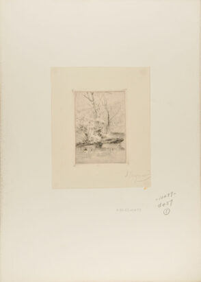 Figure holding an umbrella, sitting by the river