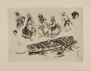 Trois croquis: bateau, femme tenant deux seaux, homme en chapeau à larges bords