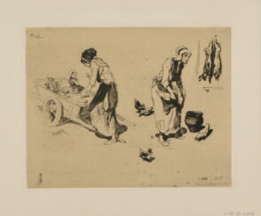 Femme portant un petit enfant posé sur une charrette à bras, femme dans sa basse-cour