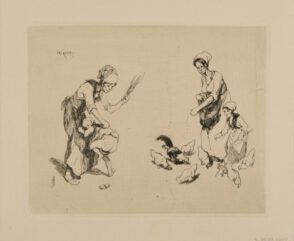 Sketches Plate with Woman Beating a Child and Woman Feeding Chickens