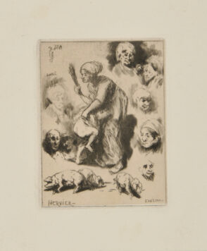 Femme fouettant un enfant; autour, divers croquis, têtes, trois cochons