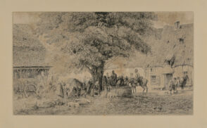 Village square with watering trough and market under a large tree