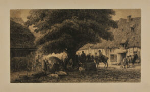 Village square with watering trough and market under a large tree