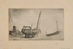 Moored Boat with Village Church in Background