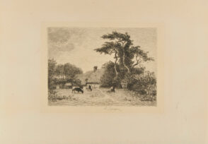 Farmyard with two cows and a woman bending over