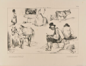 Sheet of Studies: Man Eating Soup, Yoked Cattle, Seated Goat etc.