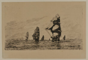 Seascape with Six Boats Sailing near a Mountainous Land