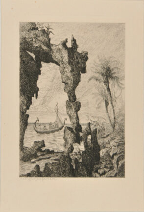 Figures in a boat near the coast of a tropical island