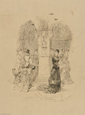 Woman in black standing apart from a crowd of women entering a church