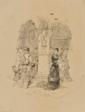 Woman in black standing apart from a crowd of women entering a church