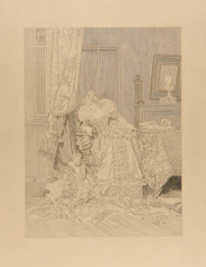 Woman watching a child playing with a dog