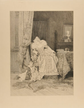 Woman watching a child playing with a dog