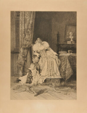 Woman watching a child playing with a dog