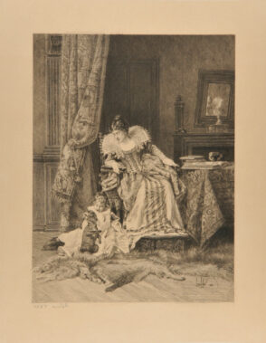 Woman watching a child playing with a dog