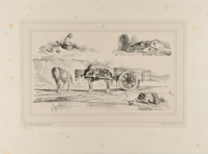 Sketches of man drinking from a stream with cart and horses, seated peasant, and farmhouse