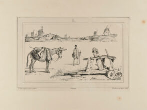 Sketches of Pierrot, donkey, and windmills