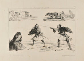 Sketches of a Turkish village, a cart, Greek head, and two Albanians dueling