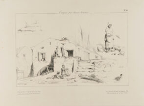 Sketches of a well, a woman feeding chickens, and children in front of a farmhouse