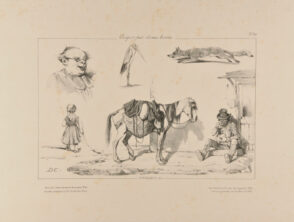 Sketches of a head of a cantor, a heron, a fox, a little girl, and hitched horse with man eating bread
